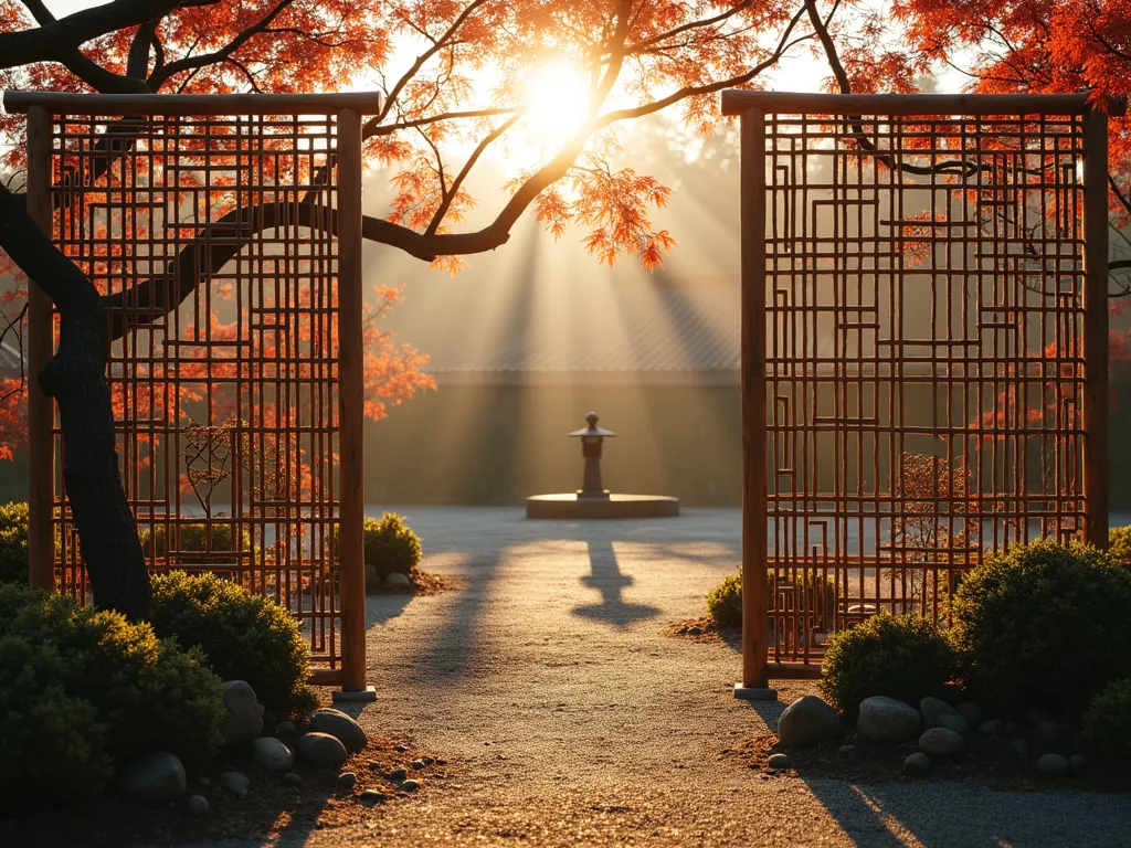 Traditional Kenninji Gaki Bamboo Fence at Dawn - A serene Japanese garden scene at dawn, featuring an elegant Kenninji Gaki style bamboo fence stretching across the frame. The fence's intricate pattern of alternating vertical bamboo poles and horizontal strips creates mesmerizing shadows on the dewy ground. Behind the semi-transparent fence, silhouettes of Japanese maple trees and carefully pruned shrubs add depth. A stone lantern sits quietly in the misty background, while clusters of ornamental grass sway gently in the foreground. The warm morning light filters through the bamboo lattice, creating a magical interplay of light and shadow. Shot with a wide-angle lens to capture the full scope of the fence's geometric patterns and its harmonious integration with the surrounding garden landscape. 8K, hyperrealistic, architectural photography.