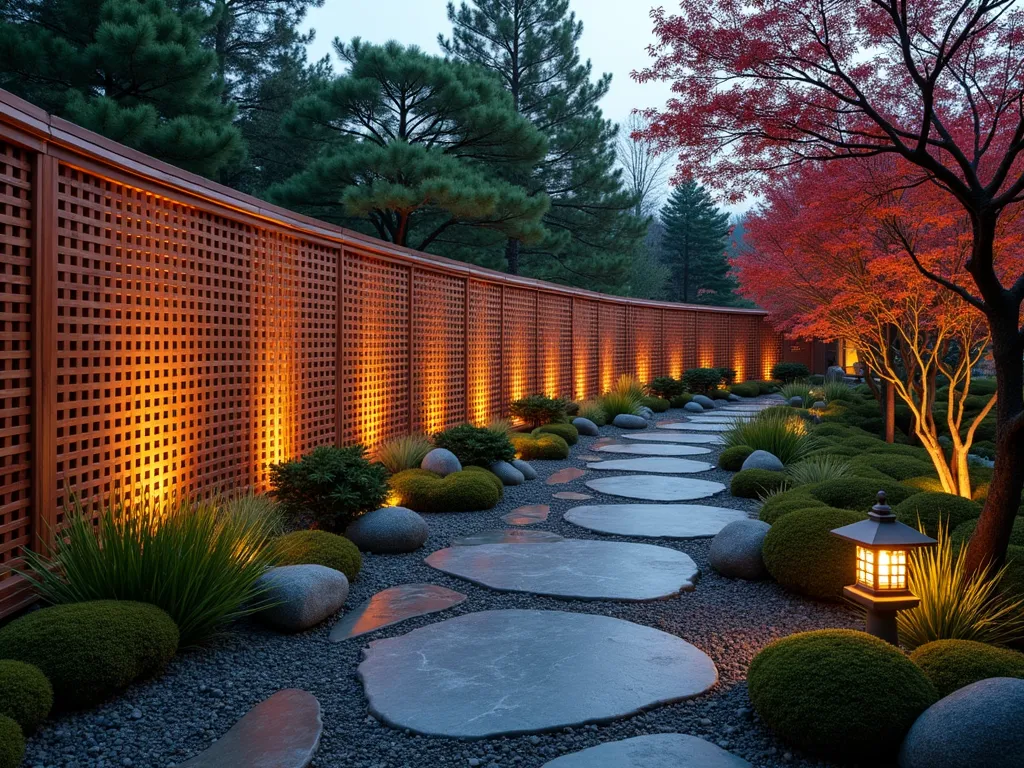 Traditional Yotsume Gaki Lattice at Dusk - A serene Japanese garden at dusk featuring a beautifully crafted Yotsume Gaki lattice fence made from rich cedar strips, creating an elegant square pattern that casts intricate shadows on the stone path below. The semi-transparent fence gracefully curves along a meditation garden, with Japanese maple trees visible through the lattice. Soft evening light filters through the geometric pattern, while carefully placed landscape lighting illuminates ornamental grasses and moss gardens beneath. A stone lantern sits nearby, its warm glow complementing the fence's architectural rhythm. The wide-angle composition captures the fence's role in space definition while highlighting its artistic impact on the garden atmosphere.