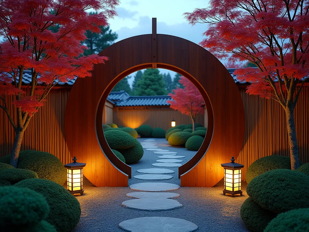 Enchanting Wooden Moon Gate at Dusk - A stunning DSLR wide-angle photograph of a traditional Japanese circular wooden moon gate, beautifully integrated into a bamboo and cedar fence line at dusk. The perfectly round 8-foot gate creates a dramatic portal between two garden spaces, with soft lighting illuminating its handcrafted joinery and natural wood grain. Japanese maple trees with deep crimson leaves frame the gate, while carefully pruned cloud-form bushes and moss gardens create depth on both sides. Stone lanterns cast a gentle glow, highlighting the gate's architectural details and creating mysterious shadows. A winding stone path leads through the gate, disappearing into a tranquil garden beyond. The scene is captured with pristine clarity, showcasing the intricate carpentry and zen-like symmetry of the design, f/8, ISO 100, 1/125 sec.