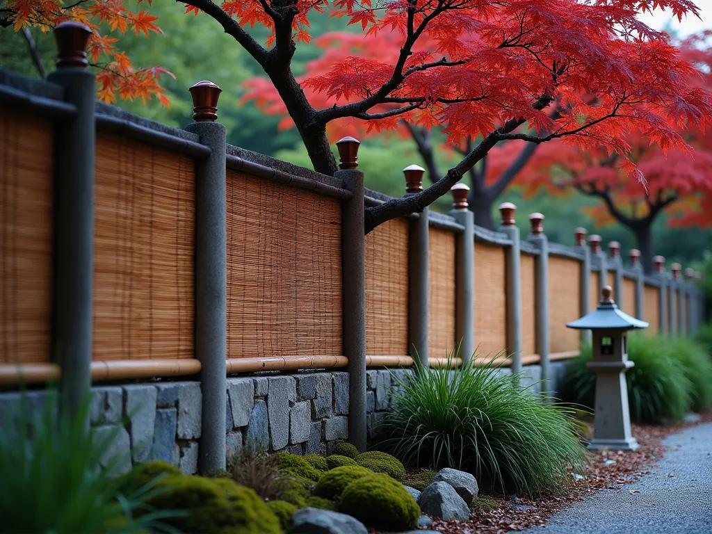 Zen Bamboo and Stone Garden Fence - A serene Japanese garden fence at dusk, photographed with a wide-angle lens. The fence features alternating polished granite pillars and rolled bamboo sections, creating a rhythmic pattern. Soft evening light casts gentle shadows across the textured bamboo surface, while copper caps top the stone pillars. Japanese maple trees with deep red foliage frame the scene, their delicate leaves contrasting with the sturdy fence structure. A stone lantern sits nearby, casting a warm glow. The fence is bordered by carefully arranged river rocks and moss patches, with ornamental grasses swaying gently in the foreground. Shot with shallow depth of field emphasizing the natural textures and material interplay. 16-35mm lens, f/2.8, ISO 400.