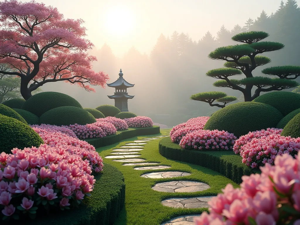 Cloud-Pruned Azalea Garden at Dawn - A serene Japanese garden at dawn featuring magnificently cloud-pruned azalea shrubs in full bloom, creating undulating waves of pink and white blossoms. The morning mist gently hovers above the carefully sculpted azaleas, which are arranged in flowing tiers along a gently sloping front yard. Natural stone pathways weave between the cloud-like formations, while a traditional stone lantern emerges from the flowering waves. Shot in soft morning light with a wide-angle perspective, capturing the ethereal quality of the scene with dewdrops glistening on the foliage. The background shows the subtle silhouette of a Japanese maple, adding depth to the composition. Photographed with a professional digital camera, 16-35mm lens, f/2.8, ISO 400, creating a dreamlike atmosphere with perfect depth of field.