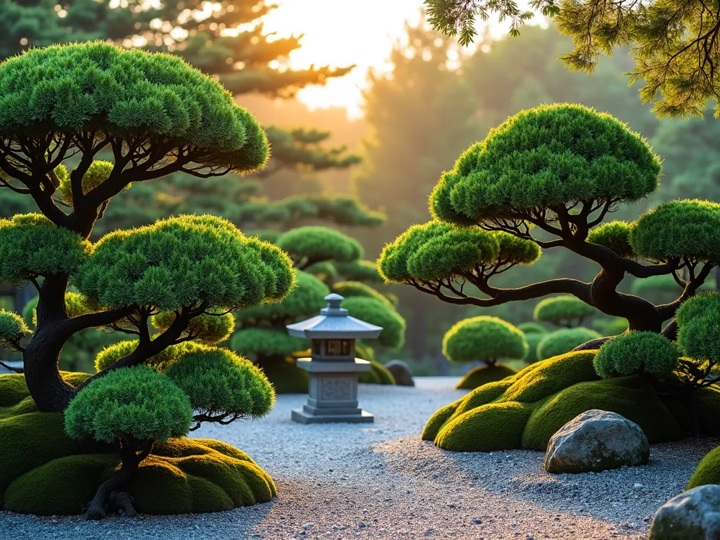 Elegant Cloud-Pruned Japanese Garden - A serene Japanese garden at golden hour featuring masterfully cloud-pruned boxwood and juniper shrubs in varying heights, their organic cloud-like shapes casting gentle shadows on a bed of raked gravel. The niwaki specimens are artistically pruned into ethereal formations, surrounded by moss-covered stones and a simple stone lantern. Shot with a wide-angle lens to capture the flowing curves and peaceful composition, with warm evening light filtering through the sculptural branches, creating a harmonious balance between nature and artistic manipulation. The pristine maintenance and precise pruning exemplify the Japanese garden principle of controlled natural beauty.