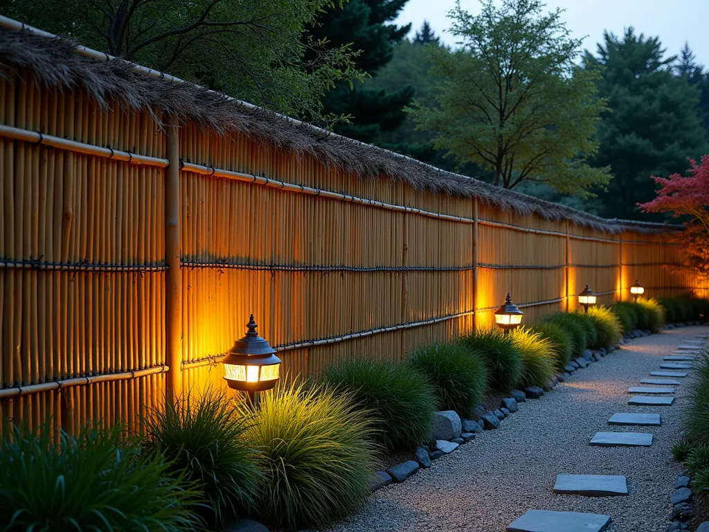 Elegant Bamboo Garden Fence at Twilight - A serene Japanese garden scene at twilight, featuring a meticulously crafted traditional bamboo fence (gakubuchi) creating an elegant border. The 6-foot-tall fence combines vertical bamboo poles with horizontal cross-beams, tied with black twine in traditional Japanese style. In the foreground, ornamental grasses and Japanese forest grass sway gently, while dwarf Japanese maples cast delicate shadows. Stone lanterns emit a warm glow against the fence, highlighting its natural texture. A gravel path runs parallel to the fence, dotted with carefully placed stepping stones. Shot with a wide-angle lens capturing the fence's length while maintaining intimate detail of its construction. Natural twilight creates a magical atmosphere with soft, diffused lighting that accentuates the bamboo's golden hues. Photographed in ultra-high resolution, 8K quality, professional lighting, detailed texture.