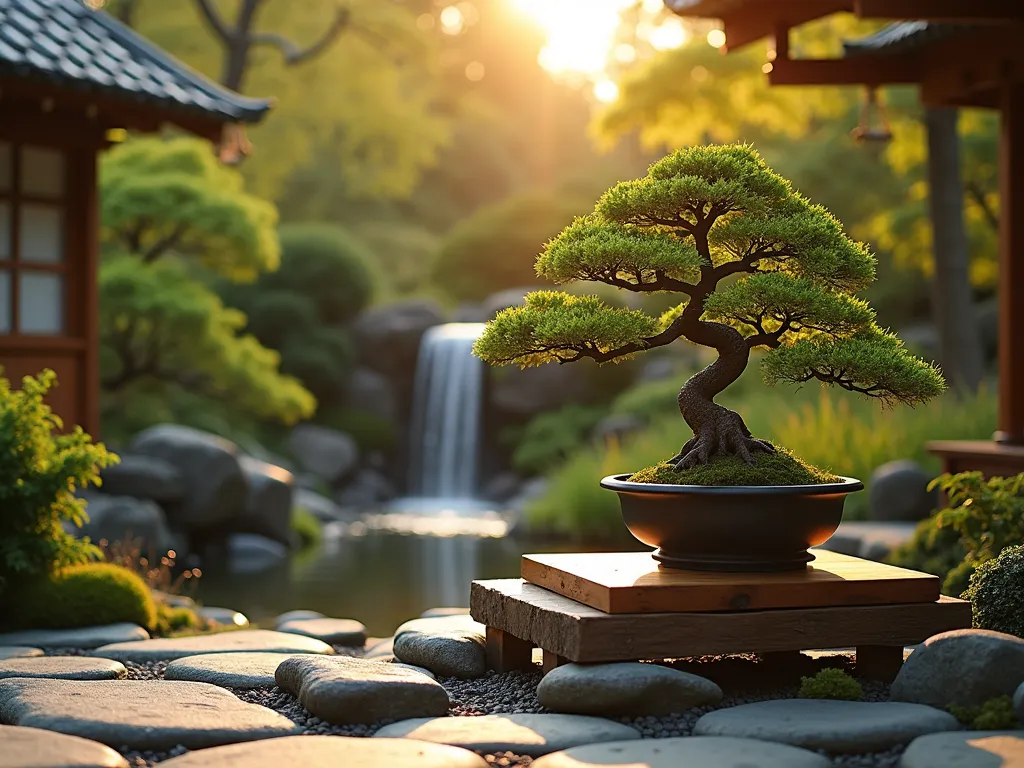 Zen Bonsai Garden Display at Sunset - A serene Japanese garden corner at golden hour, featuring an elegant wooden tiered display stand with carefully positioned bonsai specimens. The ancient maple and pine bonsai trees cast gentle shadows across smooth river stones. A bamboo water feature trickles softly in the background, with Japanese forest grass and moss creating a lush groundcover. Shot at f/2.8 with warm sunset lighting creating a dreamy bokeh effect, capturing the artistic arrangement and meticulous pruning of the miniature trees. Stone lanterns provide subtle ambient lighting, while copper rain chains guide the eye to the peaceful display.