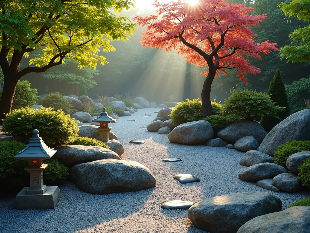 Zen-Inspired Dry Stream Garden - A serene Japanese dry stream garden at dawn, capturing the first light of day. The meandering karenagare features smooth river rocks of varying sizes, from large weathered boulders to small polished stones, arranged naturally as if shaped by flowing water. Light gray gravel creates the stream bed, raked in gentle curves to mimic water ripples. Japanese maple trees cast dappled shadows across the scene, while carefully placed moss-covered rocks line the stream's edge. Traditional stone lanterns stand sentinel among clusters of ornamental grasses and dwarf conifers. The wide-angle composition shows the dry stream winding through the garden, creating a peaceful focal point that draws the eye through the space. Morning mist hovers delicately above the ground, adding an ethereal quality to the scene.