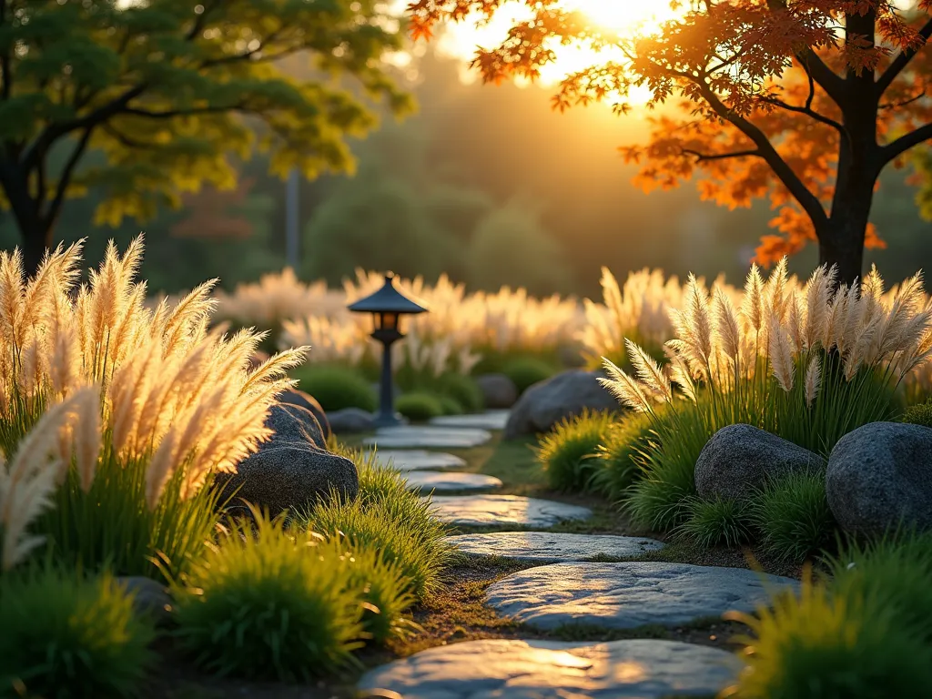 Japanese Forest Grass in Evening Light - A serene Japanese garden scene at golden hour, with flowing Hakonechloa grass creating waves of movement in the gentle breeze. The ornamental grass catches the warm evening sunlight, casting delicate shadows across a winding stone path. Natural stone lanterns peek through the grass, while maple trees provide a soft backdrop. The composition is captured from a low angle, emphasizing the graceful movement of the grass blades. The scene includes various heights of Hakonechloa, creating a cascading effect, with some clumps spilling over weathered rocks. The lighting is dramatic but soft, with golden sunbeams filtering through the grass blades, creating an ethereal atmosphere. Photorealistic, high detail, landscape photography style.