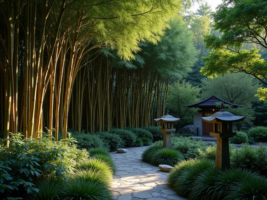 Serene Bamboo Privacy Screen at Dusk - A tranquil Japanese garden scene at dusk featuring a majestic grove of tall, elegant bamboo creating a natural privacy screen. The bamboo stalks, reaching 15 feet high, cast gentle shadows on a traditional stone path below. In the foreground, layers of shade-loving Japanese forest grass (Hakonechloa) and dark green mondo grass create a lush understory. Soft evening light filters through the dense bamboo leaves, creating a mesmerizing play of light and shadow. Several traditional stone lanterns illuminate the scene with a warm glow. The composition shows the bamboo screen from a slight angle, emphasizing both its height and depth, while capturing the peaceful atmosphere of a Japanese garden sanctuary.