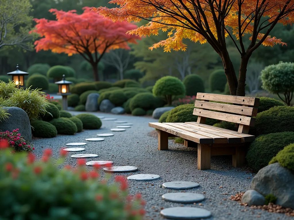 Zen Garden Contemplation Bench at Dusk - A serene Japanese garden scene at dusk, photographed with a wide-angle lens capturing a weathered teak wooden bench nestled against a backdrop of carefully pruned Japanese maple trees. The bench sits on a curved gravel path lined with moss-covered rocks and elegant bamboo plants. Soft evening light filters through the maple leaves, creating gentle shadows on the ground. Stone lanterns emit a warm glow, illuminating the peaceful meditation space. Low-growing azaleas and ornamental grasses sway gently in the foreground, while a small water feature provides subtle ambient sounds. Natural stone steps lead to the contemplative seating area, with traditional Japanese ferns dotting the landscape. Shot with shallow depth of field to create a dreamy atmosphere.