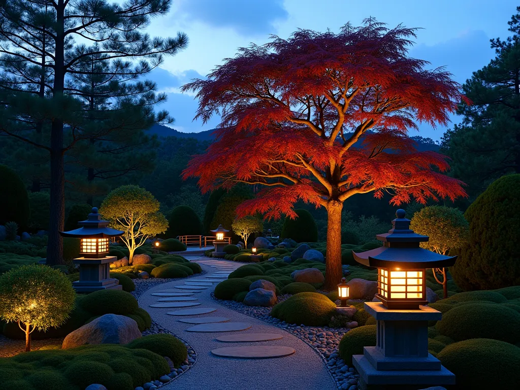 Enchanted Japanese Garden at Twilight - A serene Japanese garden at dusk, photographed with a wide-angle lens capturing the magical ambiance of traditional stone lanterns illuminating a curved pathway. Stone lanterns cast warm, golden light across a meticulously maintained garden featuring a magnificent Japanese maple as the focal point, its branches dramatically up-lit against the deep blue twilight sky. Traditional bamboo water features and carefully placed rocks create subtle shadows, while copper path lights softly illuminate stepping stones leading through the landscape. Low-voltage lighting subtly highlights a small wooden bridge and surrounding moss garden, creating a peaceful, contemplative atmosphere. Shot at f/2.8 with shallow depth of field to capture the ethereal quality of the evening light.