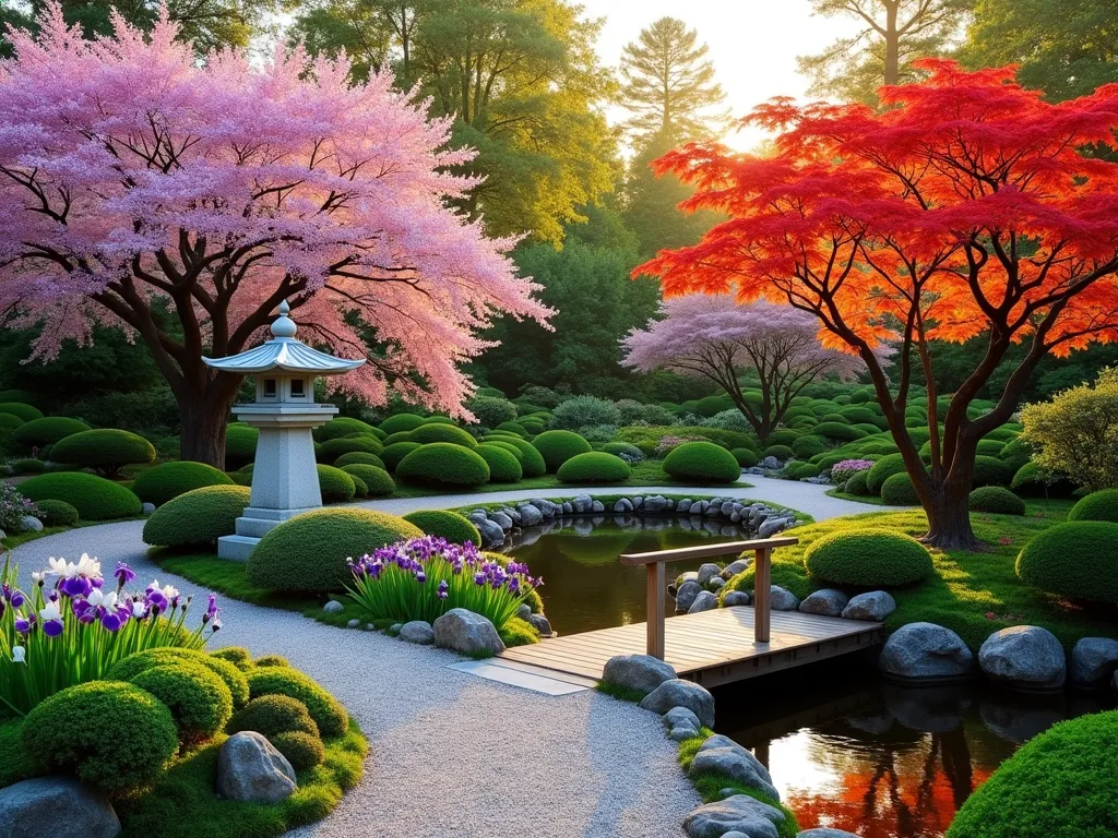 Japanese Garden Four Seasons Harmony - A stunning Japanese garden composition showcasing seasonal transitions, shot at golden hour with a DSLR camera. A weeping cherry tree in full pink bloom anchors the left side, while a graceful Japanese maple displays vibrant autumn foliage on the right. In the middle ground, purple and white iris flowers bloom alongside a traditional stone lantern. Evergreen cloud-pruned junipers and neatly trimmed boxwoods provide year-round structure. A winding gravel path leads through the scene, with moss-covered stones adding texture. A small wooden bridge crosses a peaceful koi pond reflecting the warm evening light. The garden is photographed from a slightly elevated angle to capture the layered design, with the f/8 aperture ensuring both foreground details and background elements remain crisp.