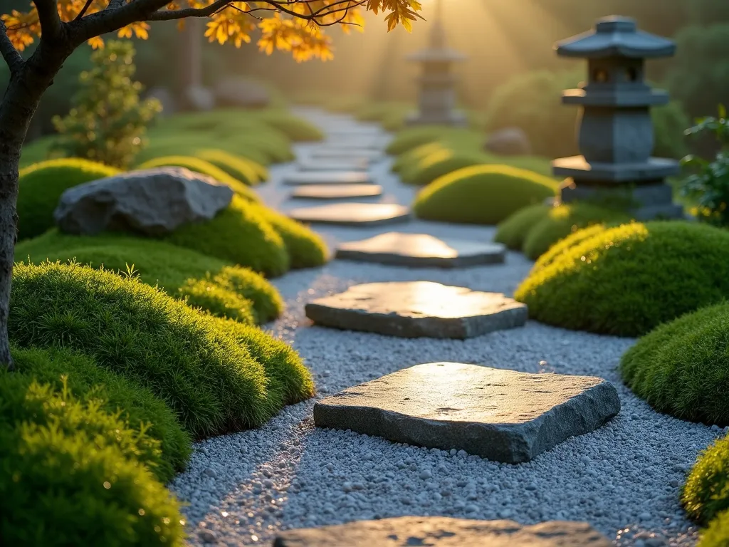 Zen Garden Stepping Stone Path at Dawn - A serene Japanese garden path photographed during golden dawn light, featuring large irregular natural granite stepping stones meandering through lush emerald moss and fine white gravel. The stones are artfully spaced, creating a contemplative walking journey. Low-growing Japanese forest grass and dwarf mondo grass edge the path, while a weeping Japanese maple casts gentle shadows. Shot with a wide-angle lens at ground level to emphasize the path's perspective, with morning mist adding atmosphere and a stone lantern in the background. The composition captures the interplay of textures between smooth stones, soft moss, and crisp gravel, with dewdrops glistening in the early light.