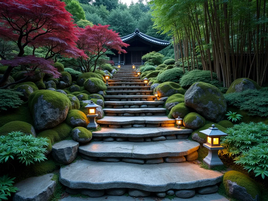 Tranquil Japanese Stone Steps at Dusk - A cinematic wide-angle photograph of natural granite stone steps winding through a Japanese garden at dusk, captured with a 16-35mm lens at f/2.8, ISO 400. The weathered stone steps are artfully arranged in an organic pattern, flanked by cascading Japanese forest grass and burgundy Japanese maples. Moss-covered rocks line the path edges, while dwarf bamboo creates a soft backdrop. Stone lanterns cast a warm glow on the textured steps, highlighting the interplay of shadow and light. Delicate ferns and natural stone outcroppings emerge between the steps, creating a harmonious blend of architecture and nature. The composition leads the eye upward through multiple levels, with a small traditional wooden gate visible at the top of the steps.