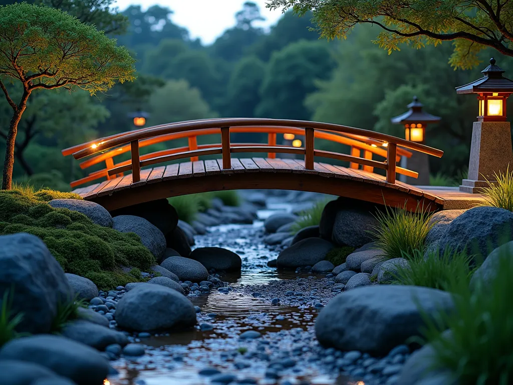 Traditional Japanese Garden Bridge at Dusk - A serene Japanese garden scene at dusk featuring a gracefully arched wooden bridge spanning a meticulously crafted dry stream bed. The bridge, made of rich cedar wood with simple bamboo railings, creates a focal point while casting gentle reflections on strategically placed dark granite and river rocks below. Moss-covered stones line the curved streambed, which is filled with various sized smooth pebbles in shades of gray and slate. Small Japanese forest grass and dwarf mondo grass peek between rocks, while a mature Japanese maple casts dappled shadows across the scene. Shot with a wide-angle lens from a low perspective, capturing the bridge's full span and the subtle lighting of traditional stone lanterns in the background, creating a mystical atmosphere. Photo taken with a 16-35mm lens at f/2.8, ISO 400, during the blue hour.