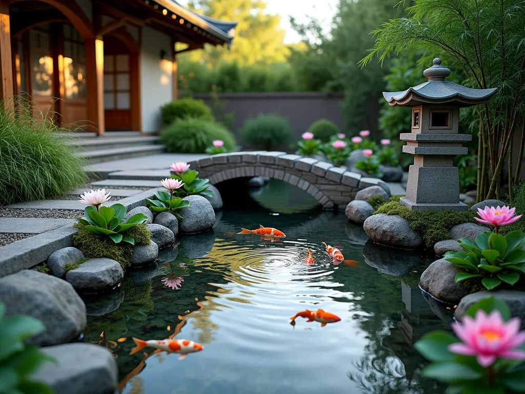 Tranquil Japanese Koi Pond Entrance - A serene Japanese-style garden entrance featuring a crystal-clear koi pond at dusk, photographed with a wide-angle lens. The pond is adorned with blooming pink and white water lilies, and surrounded by carefully placed natural stones and moss-covered rocks. Three vibrant koi fish in orange, white, and black patterns gracefully swim beneath the water's surface. Japanese forest grass and dwarf bamboo create a soft border around the pond, while a traditional granite lantern stands as a focal point. A curved wooden bridge spans one corner of the pond, leading to a gravel pathway. The scene is naturally lit by the golden hour sun, creating subtle reflections on the water's surface, while strategic landscape lighting begins to illuminate key features. Shot at f/8 for optimal depth of field, capturing both the detailed foreground elements and the layered garden backdrop.