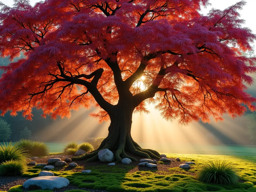 Japanese Maple Garden Sanctuary - A stunning Japanese maple tree takes center stage in a serene front yard garden, photographed during golden hour. The tree's delicate, lace-like leaves are backlit by warm sunlight, creating a mesmerizing display of crimson and amber hues. A carpet of emerald moss spreads beneath the tree, dotted with small stones and occasional patches of Japanese forest grass. The wide-angle composition captures the tree's graceful branches extending over a peaceful arrangement of carefully placed boulders, while subtle morning mist adds depth and mystery to the scene. Natural light filters through the canopy, casting intricate shadows on the textured ground below. Shot with a DSLR camera, the image maintains perfect clarity and depth, emphasizing the maple's architectural form and its harmony with surrounding elements.