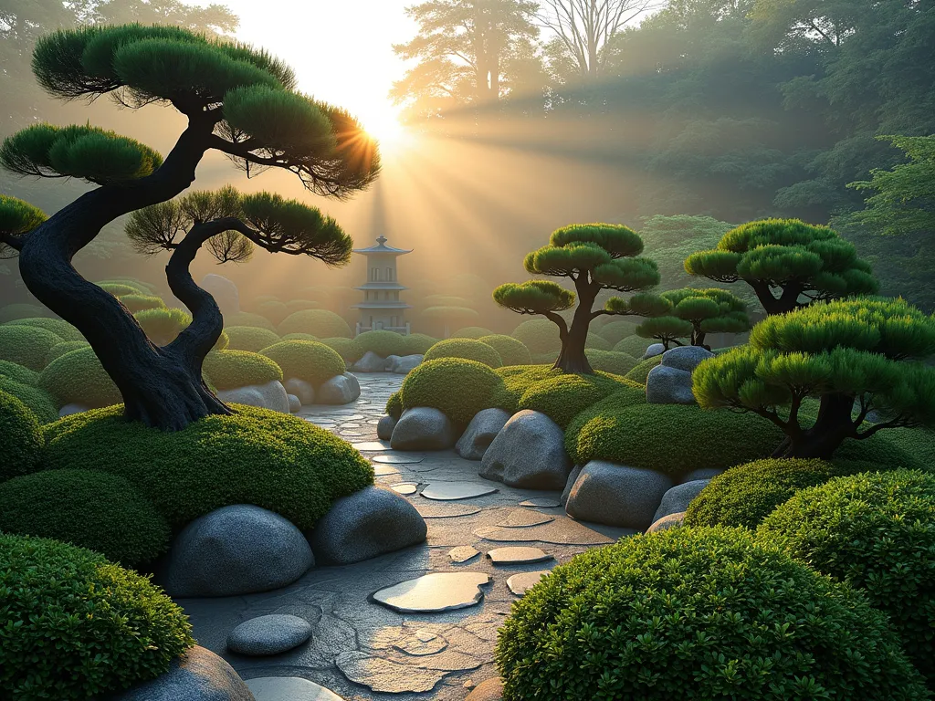 Serene Japanese Mixed Evergreen Garden at Dawn - A tranquil Japanese-style garden photographed at dawn with soft morning mist, featuring a harmonious composition of varied evergreens. In the foreground, sculpted Japanese Black Pine trees with twisted branches create dramatic silhouettes. The middle ground showcases low-growing Japanese Juniper spreading across weathered stones, while compact Holly bushes with glossy leaves provide rich texture in the background. Natural stone pathways weave between the plants, with a traditional granite lantern nestled among the greenery. The scene is captured in wide angle with the rising sun casting golden light through the mist, highlighting the different shades and textures of the evergreen foliage. Professional photography with shallow depth of field emphasizing the layered plant textures, shot at golden hour with soft, directional lighting.