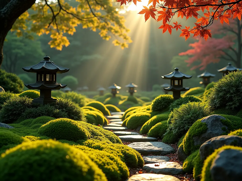 Serene Japanese Moss Garden at Dawn - A tranquil Japanese moss garden photographed in early morning light, where golden sunbeams filter through overhead maple branches. Multiple varieties of velvety moss create a tapestry of emerald and sage greens across the ground, flowing around weathered granite stones. Ancient-looking stone lanterns peek through patches of delicate ferns, while stepping stones meander through the composition. The scene is captured from a low angle, emphasizing the textural interplay between smooth moss, rough stone, and morning dew drops glistening on the foliage. The background shows traditional Japanese maples casting dappled shadows, creating a mysterious and enchanting atmosphere.