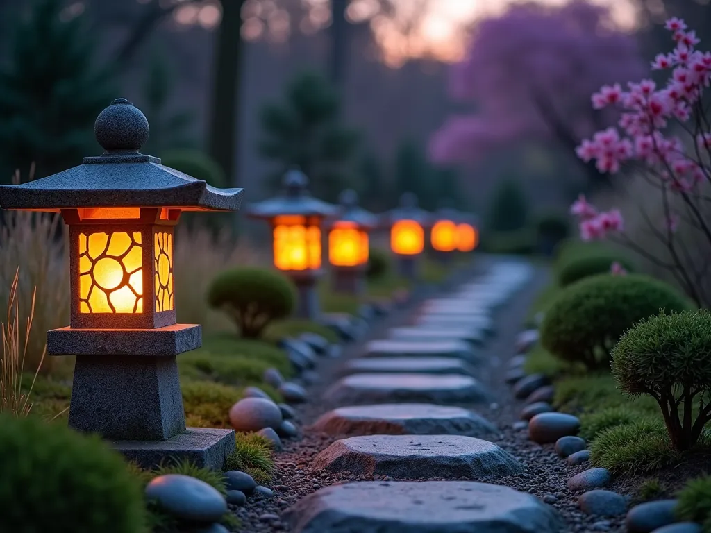 Illuminated Japanese Stone Lantern Path at Dusk - A serene twilight scene of a gently curving garden path lined with traditional Japanese stone lanterns (tōrō) casting warm, ethereal glows. The path is made of natural stepping stones nestled among moss and small maple trees, creating a peaceful journey through the garden. The stone lanterns vary in size and design, each perfectly weathered and placed strategically to guide the way. Soft purple and orange hues from the setting sun illuminate low-growing azaleas and ornamental grasses in the background, while delicate Japanese forest grass sways gently at the path's edges. Shot from a low angle perspective to emphasize the lanterns' presence and the path's inviting nature, with subtle depth of field focusing on the nearest lantern while others fade dreamily into the distance.