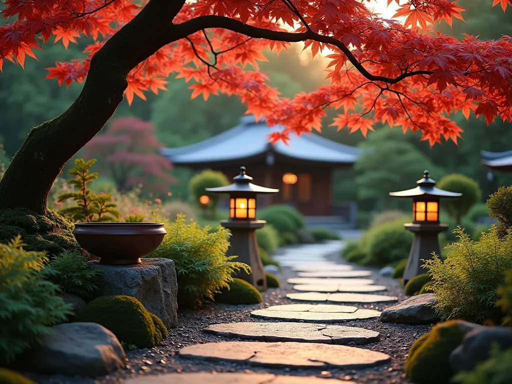 Tranquil Japanese Tea Garden Path at Dusk - A serene Japanese tea garden path photographed at dusk with soft, ambient lighting. Traditional granite stone lanterns cast gentle shadows along a winding path of natural stepping stones. A weathered copper tsukubai water basin sits beneath a mature Japanese maple, its red leaves creating a dramatic canopy. The path is lined with carefully manicured azaleas, moss gardens, and dwarf bamboo. Stone lanterns illuminate the way towards a wooden tea house visible in the background. Captured with a wide-angle lens at ground level, emphasizing the meandering nature of the path. The composition includes delicate ferns and hostas nestled between rocks, creating texture and depth. Golden hour lighting creates a mystical atmosphere, with subtle mist rising from the ground.