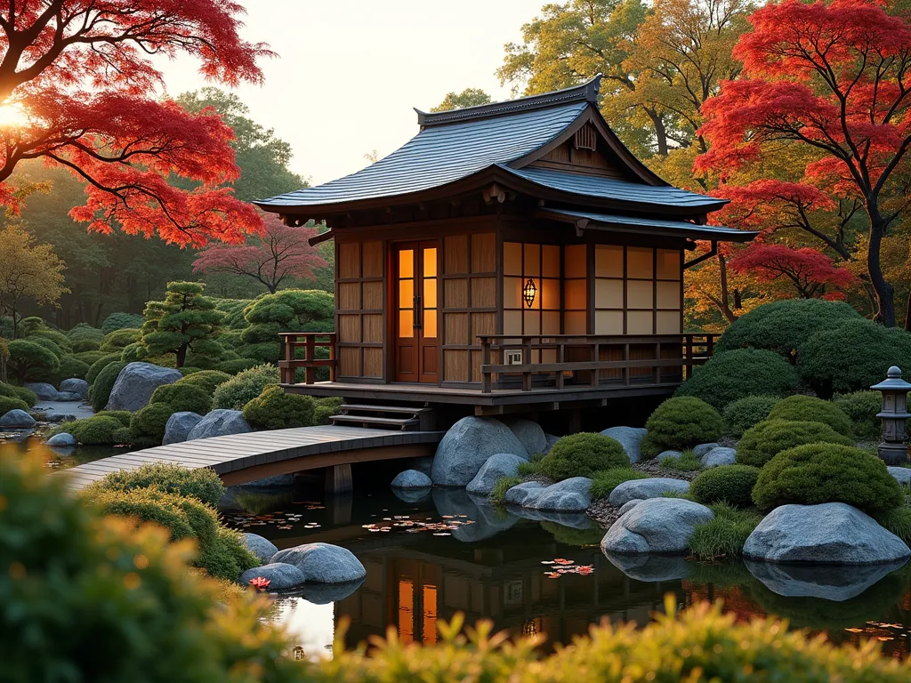 Serene Japanese Tea House Garden Sanctuary - A serene Japanese tea house structure nestled within a meticulously landscaped garden, photographed during golden hour. The intimate wooden pavilion features traditional curved roof lines, bamboo screens, and shoji doors, elevated slightly on wooden posts. Surrounding the structure are carefully pruned Japanese maples with crimson leaves, moss-covered stone pathways, and strategically placed granite lanterns. A small wooden bridge crosses over a peaceful koi pond with water lilies, leading to the tea house entrance. Natural stone boulders and cloud-pruned niwaki create layers of texture, while ornamental grasses sway gently in the foreground. Captured with a wide-angle perspective that shows the tea house as a focal point within the harmonious garden composition, with warm evening light casting long shadows across the scene. Shot with shallow depth of field to create a dreamy atmosphere.