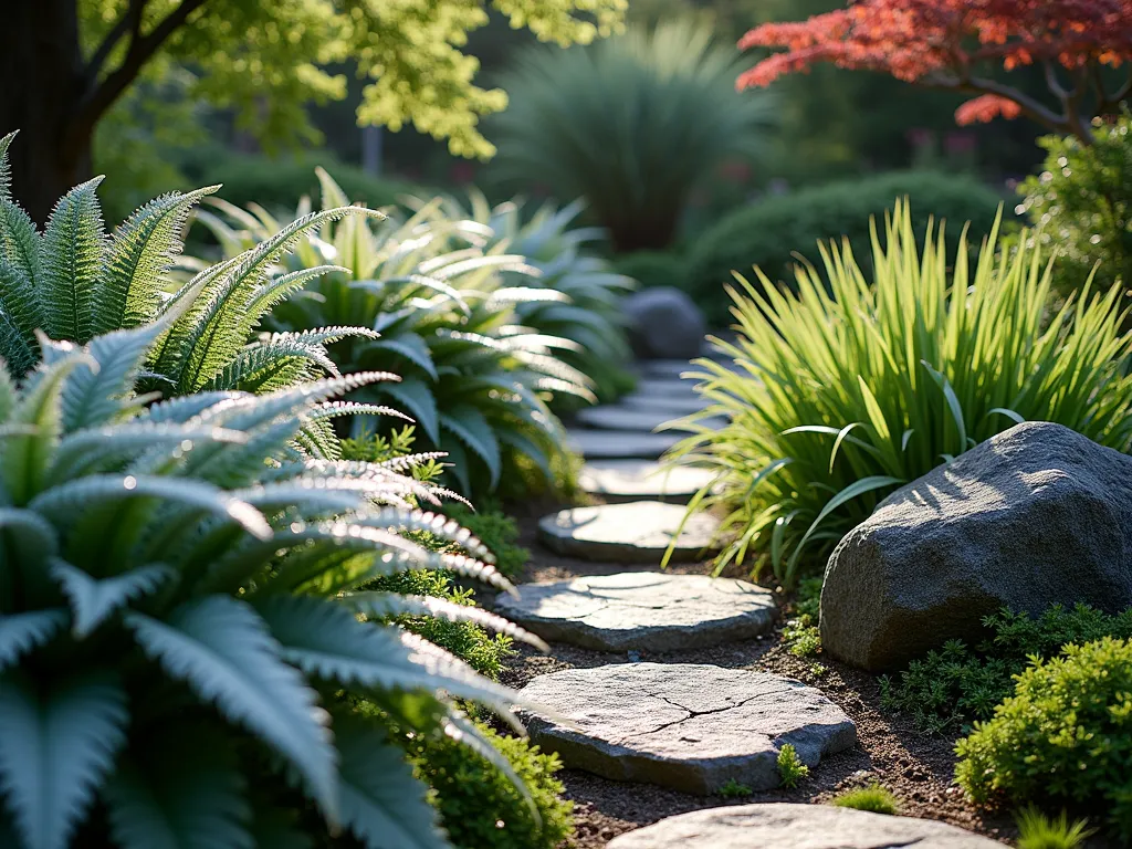 Tranquil Japanese Woodland Border - A serene early morning scene of a Japanese-inspired woodland garden edge, photographed in soft, filtered sunlight. In the foreground, a lush tapestry of Japanese painted ferns with silver-gray fronds mingles with large, blue-green hostas and flowing Hakonechloa macra (Japanese forest grass) creating multiple layers of texture. Natural stepping stones wind through the planting, disappearing into dappled shadows. Moss-covered logs and carefully placed granite boulders add authenticity. The background shows the graceful silhouette of a Japanese maple casting gentle shadows over the understory plants. Shot from a low angle to emphasize the delicate interplay of foliage textures and morning dew glistening on leaves.