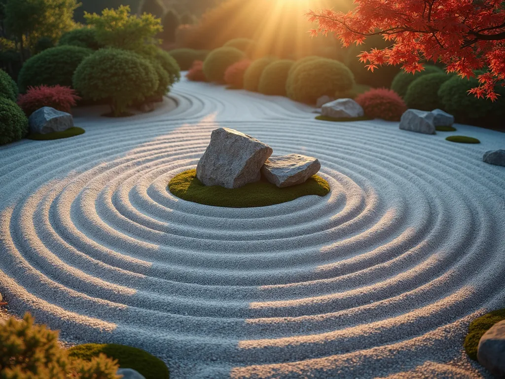 Zen Circle Rock Garden at Dawn - A serene Japanese meditation garden photographed at dawn with golden morning light casting long shadows. A meticulously crafted circular design features concentric rings of perfectly raked light grey gravel radiating outward from a dramatic central composition of three weathered granite boulders. The gravel is raked in precise circular patterns creating ripple-like effects, complemented by small moss patches between the rocks. The garden is bordered by smooth river stones and accented with dwarf Japanese maples providing subtle red foliage overhead. Shot from a 45-degree elevated angle using a wide-angle lens to capture the complete circular pattern, with morning mist adding an ethereal quality to the scene. DSLR camera settings: f/8, ISO 100, 1/125s.