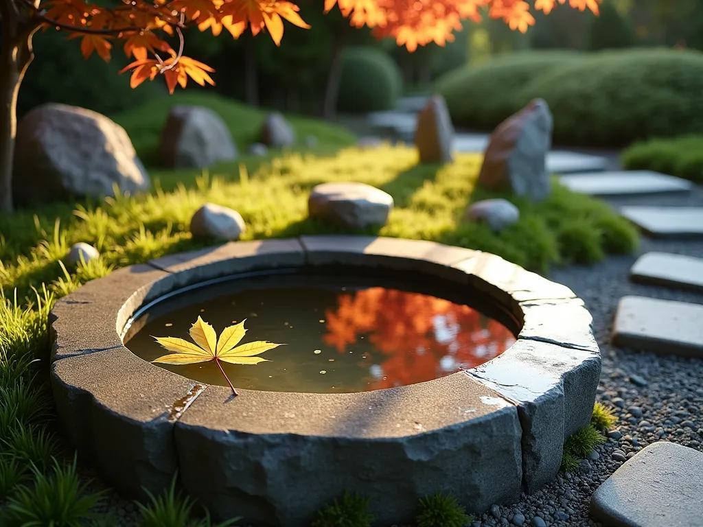 Traditional Japanese Stone Water Basin Garden Feature - A serene close-up photograph of a traditional granite chozubachi (stone water basin) in a Japanese garden, captured during golden hour. The basin's weathered surface reflects soft evening light, filled with crystal-clear water and a single fallen maple leaf. Surrounding the basin is a thoughtfully arranged composition of low-growing Japanese forest grass (Hakonechloa macra), delicate moss patches, and small clusters of dwarf mondo grass. Several carefully placed stepping stones lead to the basin, while a mature Japanese maple provides dappled shade from above. The scene is anchored by three carefully positioned natural stones of varying sizes, creating depth and balance. Shot with a shallow depth of field that keeps the basin sharp while softly blurring the background plantings, f/8, ISO 100, 1/125 sec.