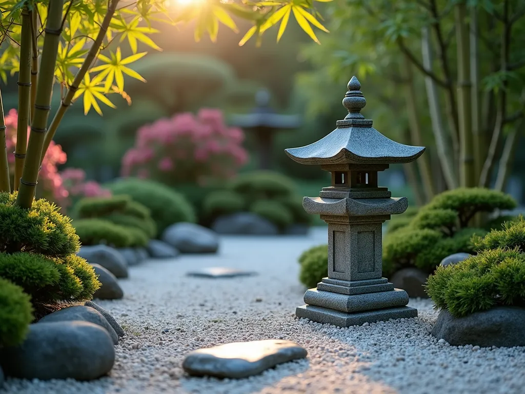 Traditional Stone Pagoda in Japanese Garden - A serene dusk scene capturing a weathered 3-tier granite pagoda lantern as the focal point in a Japanese garden. The pagoda stands 4 feet tall on a bed of white raked gravel, surrounded by carefully pruned azalea bushes and dwarf Japanese maples. Low-angle lighting casts long shadows across the gravel, while moss-covered stones create a natural pathway leading to the pagoda. Delicate bamboo leaves frame the upper corners of the composition, with soft bokeh effects in the background. Shot with shallow depth of field focusing on the intricate details of the pagoda's carved roof tiers.