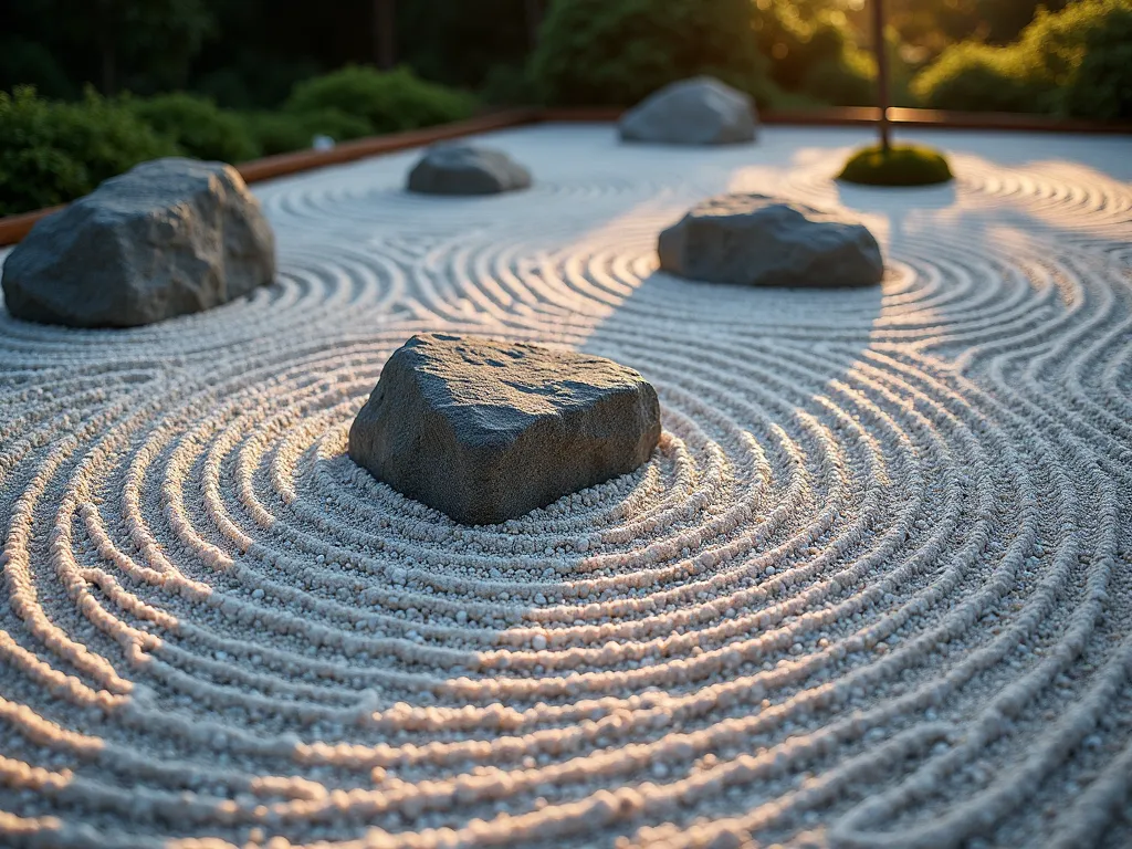 Zen-Inspired Gravel and Rock Garden - A serene Japanese-style garden composition photographed during golden hour, featuring a meticulously raked gravel bed with concentric circles rippling around carefully positioned weathered granite boulders. The gravel transitions from fine white pebbles to larger river rocks in varying shades of gray, creating a mesmerizing pattern that suggests flowing water. Three angular rocks of different sizes emerge from the gravel sea like islands, their surfaces partially covered in soft moss. The composition is bordered by simple bamboo edging, with a single dwarf maple providing a touch of organic form in the background. Shot from a low angle to emphasize the texture and shadows cast by the setting sun across the gravel's surface, creating a dramatic interplay of light and shadow. DSLR camera, wide-angle lens, f/8, ISO 100, 1/125 sec, natural lighting.