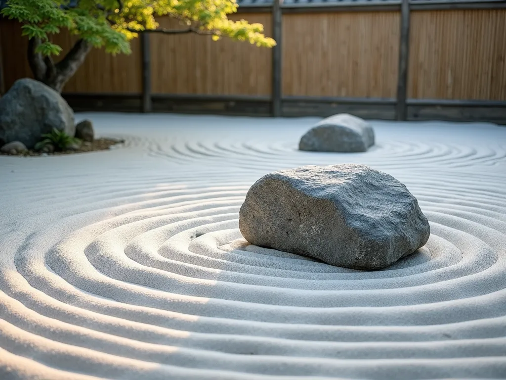 Serene Zen Rock Garden at Dawn - A tranquil Japanese zen rock garden photographed in soft morning light, featuring meticulously raked concentric circles in pristine white sand surrounding three large, weathered granite stones of varying sizes. The garden is viewed from a low angle, with the raked patterns creating mesmerizing ripple effects that extend to the edges of the frame. Traditional bamboo fencing forms a gentle backdrop, while a single mature Japanese maple adds a touch of organic beauty with its delicate leaves casting subtle shadows on the sand. The scene is captured with a wide-angle perspective that emphasizes the meditative patterns in the sand, while morning mist hovers subtly above the ground, creating an ethereal atmosphere.