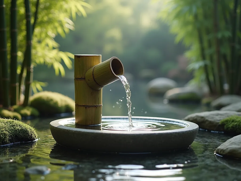 Tranquil Bamboo Water Feature - A serene Japanese garden scene featuring a traditional bamboo shishi-odoshi water feature, photographed in soft natural lighting. The bamboo pipe fills with water and tips onto a smooth granite basin below, surrounded by moss-covered rocks and gentle ripples in a small decorative pond. Zen-inspired landscaping with carefully placed natural stones and fresh bamboo groves frame the scene. Morning mist adds atmosphere while water droplets catch the light, creating a peaceful and meditative composition. Photorealistic, 4K, detailed texture.