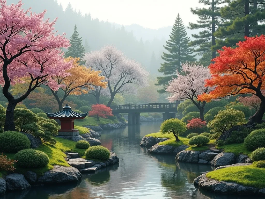 Four Seasons Japanese Garden Vista - A serene Japanese garden composition showing four distinct seasonal transitions in one sweeping view. Cherry blossoms and fresh green maples in spring blend into lush summer foliage, transitioning to vibrant red and gold autumn maples, finally leading to snow-covered evergreen pines and a traditional granite snow-viewing lantern. Stone pathways wind through each season, with a small wooden bridge connecting the transitions. Soft morning mist adds depth and mystery. Photorealistic, cinematic lighting, high detail, 8k quality.