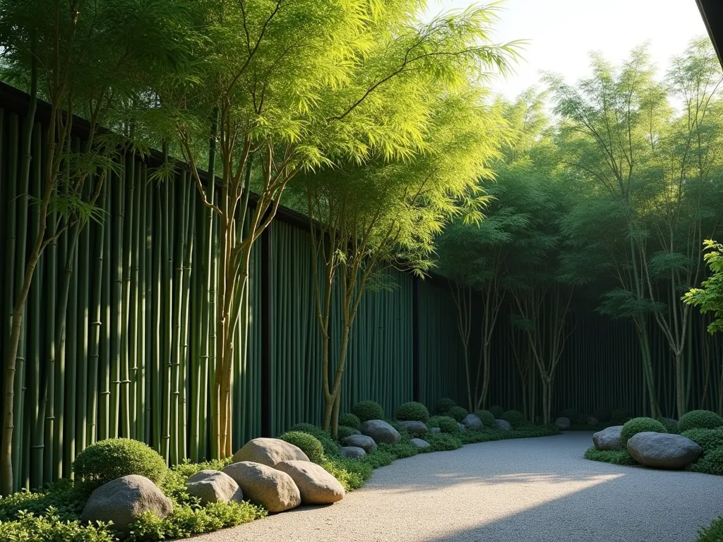 Serene Bamboo Privacy Screen - A tranquil Japanese garden scene featuring a dense grove of tall, elegant bamboo creating a natural privacy screen, photographed in soft morning light. The slender green culms rise gracefully skyward, their delicate leaves catching golden sunlight and casting gentle shadows. The clumping bamboo creates a sophisticated living wall effect, with multiple layers of stems in varying heights. In the foreground, a simple gravel path curves alongside the bamboo screen, adorned with a few carefully placed natural stones. The bamboo leaves rustle in a gentle breeze, creating a sense of movement and serenity, photorealistic style, high-end landscape photography