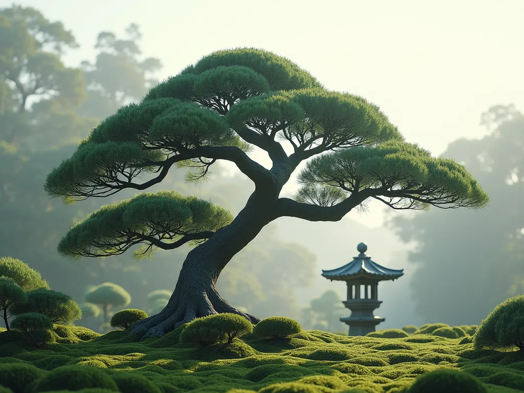 Traditional Japanese Cloud-Pruned Garden Trees - A serene Japanese garden scene featuring masterfully cloud-pruned trees (niwaki) with elegant, layered formations resembling floating clouds against a misty background. The focal point is a mature juniper tree with multiple sculptural tiers, accompanied by smaller cloud-pruned boxwood shrubs. Soft morning light filters through the branches, casting gentle shadows on a bed of moss below. Traditional stone lantern in the background adds authenticity. Photorealistic, high detail, peaceful atmosphere, 8k resolution.