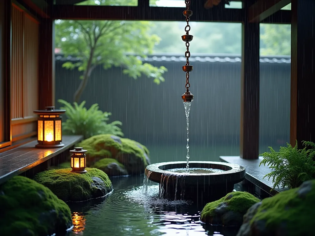 Copper Rain Chain in Japanese Garden - A serene Japanese garden scene featuring an elegant copper rain chain (kusari-doi) hanging from a traditional dark wooden eave, with water gracefully cascading down its links into a stone basin below. The basin is surrounded by moss-covered rocks and delicate ferns. Soft atmospheric rain creates a misty backdrop, while carefully positioned lanterns emit a warm glow. The composition includes traditional architectural elements and zen garden features, captured during a gentle rainfall with dramatic lighting that highlights the flowing water.