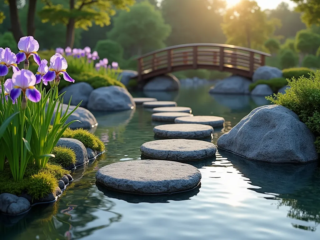 Serene Japanese Iris Water Garden with Bridge - Tranquil Japanese garden water feature with blooming purple and white Japanese iris flowers along the water's edge, natural gray stepping stones crossing a crystal-clear pond, and a traditional curved wooden bridge, all photographed during golden hour. Mossy stones and carefully placed boulders add texture, while gentle ripples in the water create a mirror-like surface, hyperrealistic photography style, 8k resolution