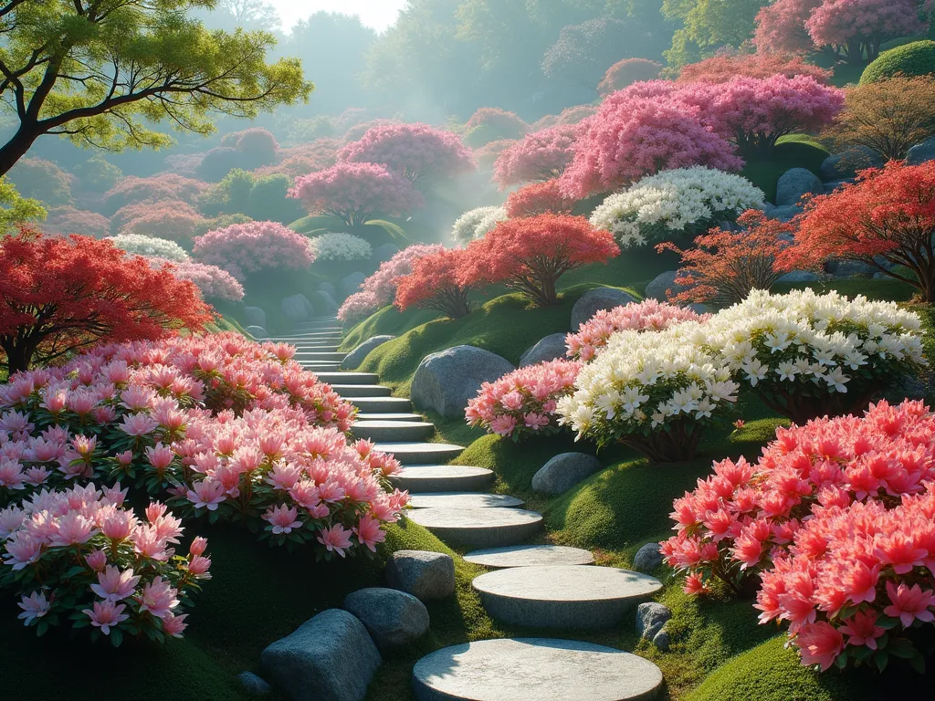 Japanese Azalea Hill Garden - A serene Japanese garden scene featuring a gently sloping hillside covered in blooming azaleas in shades of pink, white, and coral. Traditional granite stepping stones wind through the flowering shrubs, creating a natural pathway. Multiple varieties of azaleas are arranged in cascading layers, with taller specimens at the peak gradually descending to lower-growing varieties. The scene is captured in soft morning light, with some azaleas in full bloom while others are just beginning, creating a dynamic spring display. A light mist hovers near the ground, adding to the enchanting atmosphere.