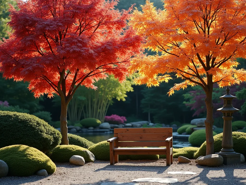 Serene Japanese Maple Viewing Garden - A tranquil Japanese garden setting featuring a weathered wooden bench nestled beneath three elegant Japanese maple trees of varying heights. The maples display a stunning gradient of colors from deep crimson to golden orange, casting dappled shadows on a carefully raked gravel path. A traditional stone lantern sits nearby, while moss-covered stones create subtle ground texture. The scene is captured during golden hour, with soft sunlight filtering through the delicate maple leaves, creating an atmosphere of peaceful contemplation. Background shows layers of carefully pruned azaleas and bamboo for depth.