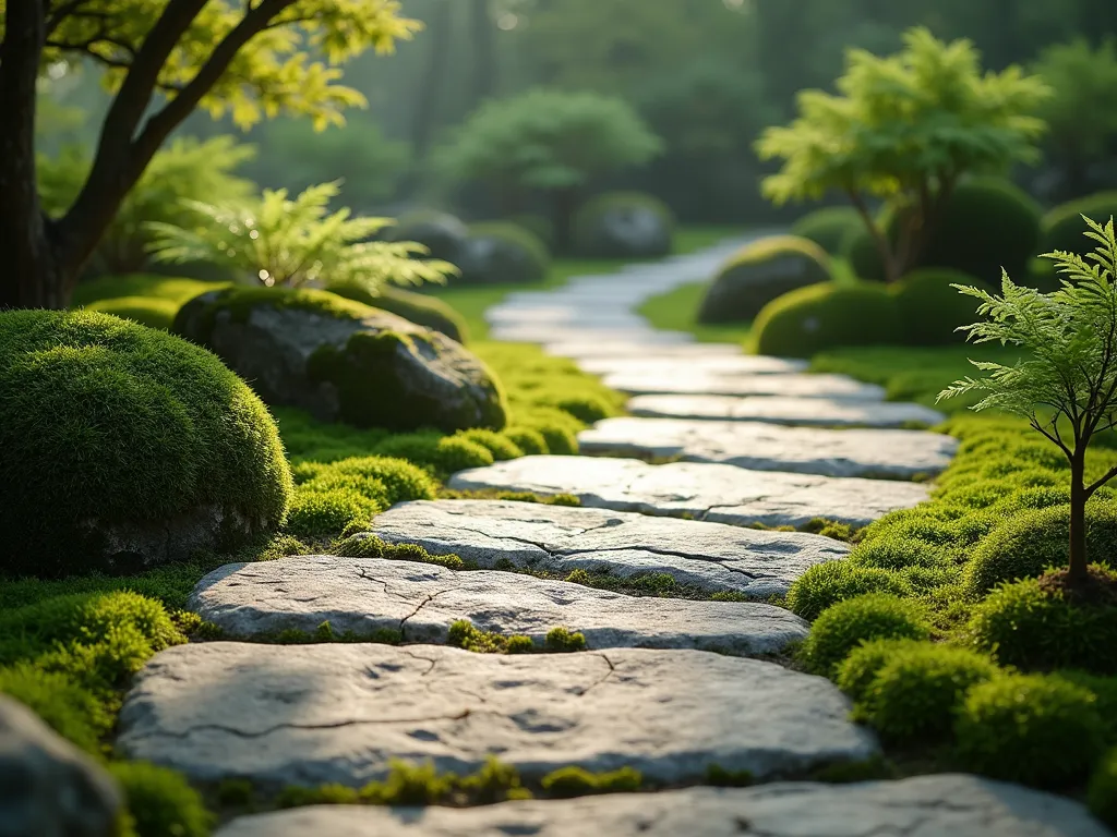 Mossy Stone Garden Path - A winding Japanese garden path made of large, natural flat stones with lush, emerald-green moss growing between the gaps, surrounded by carefully manicured ferns and small maple trees. The stones have a weathered, aged appearance, creating an authentic, centuries-old aesthetic. Soft, diffused natural lighting filters through overhead branches, creating gentle shadows on the path. Shot from a low angle to emphasize the texture of the stones and moss, with depth of field focusing on the moss-filled joints between stones. Photorealistic, high detail, peaceful atmosphere.