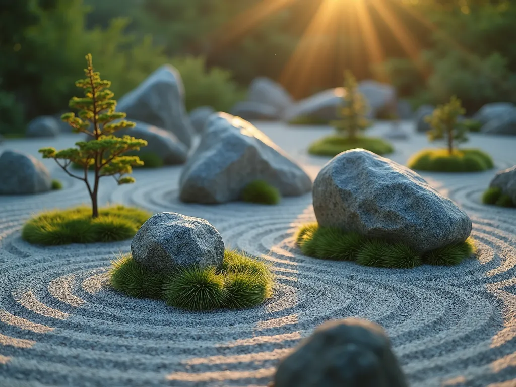 Serene Natural Stone Garden Formation - A harmonious Japanese garden scene featuring artistically arranged natural granite and basalt stones of varying sizes, masterfully positioned to mimic a mountain landscape in miniature. The stones are partially covered in soft moss, surrounded by carefully raked gravel patterns creating concentric circles. Small clumps of ornamental grass and dwarf maple provide subtle greenery, while morning mist adds an ethereal atmosphere. Shot during golden hour with gentle lighting emphasizing the stones' natural textures. Photorealistic, 8k quality, architectural photography style.