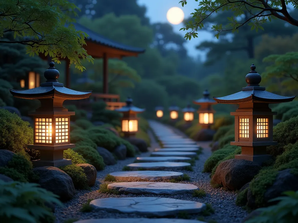 Illuminated Stone Lantern Garden Path - A serene evening scene of a winding stone path through a Japanese garden, illuminated by traditional stone lanterns of varying heights and designs. The lanterns cast a warm, gentle glow across the weathered stepping stones, surrounded by carefully manicured moss and low-growing ferns. The path curves gracefully into the distance, with asymmetrically placed tōrō lanterns creating a romantic, mysterious atmosphere. Soft moonlight filters through Japanese maple branches overhead, creating subtle shadows on the ground. Photorealistic, atmospheric lighting, depth of field, 4K detail