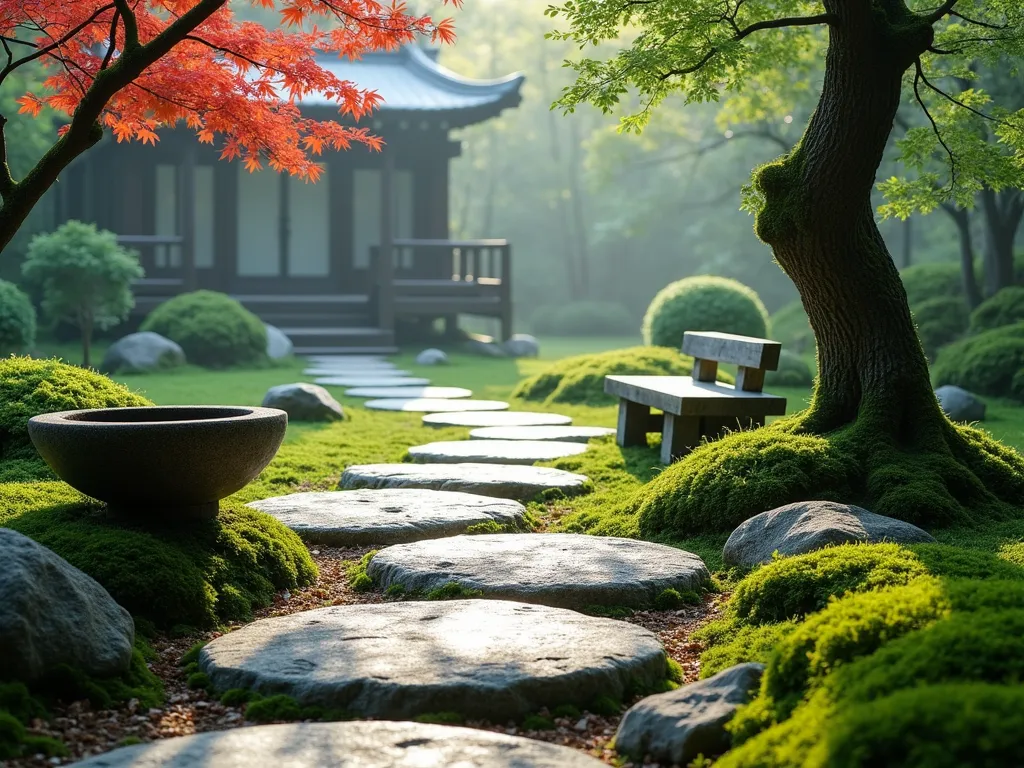 Traditional Japanese Tea Garden Path - A serene, winding garden path composed of large natural stepping stones nestled in lush green moss, leading to a traditional Japanese tea house. Soft morning mist hangs in the air. A rustic stone tsukubai (washing basin) sits beside the path, surrounded by small ferns and moss. A simple wooden waiting bench (koshikake machiai) rests beneath a Japanese maple tree. The path is bordered by carefully placed natural stones and illuminated by traditional stone lanterns. Filtered sunlight creates dappled shadows across the scene. Photorealistic, high detail, peaceful atmosphere