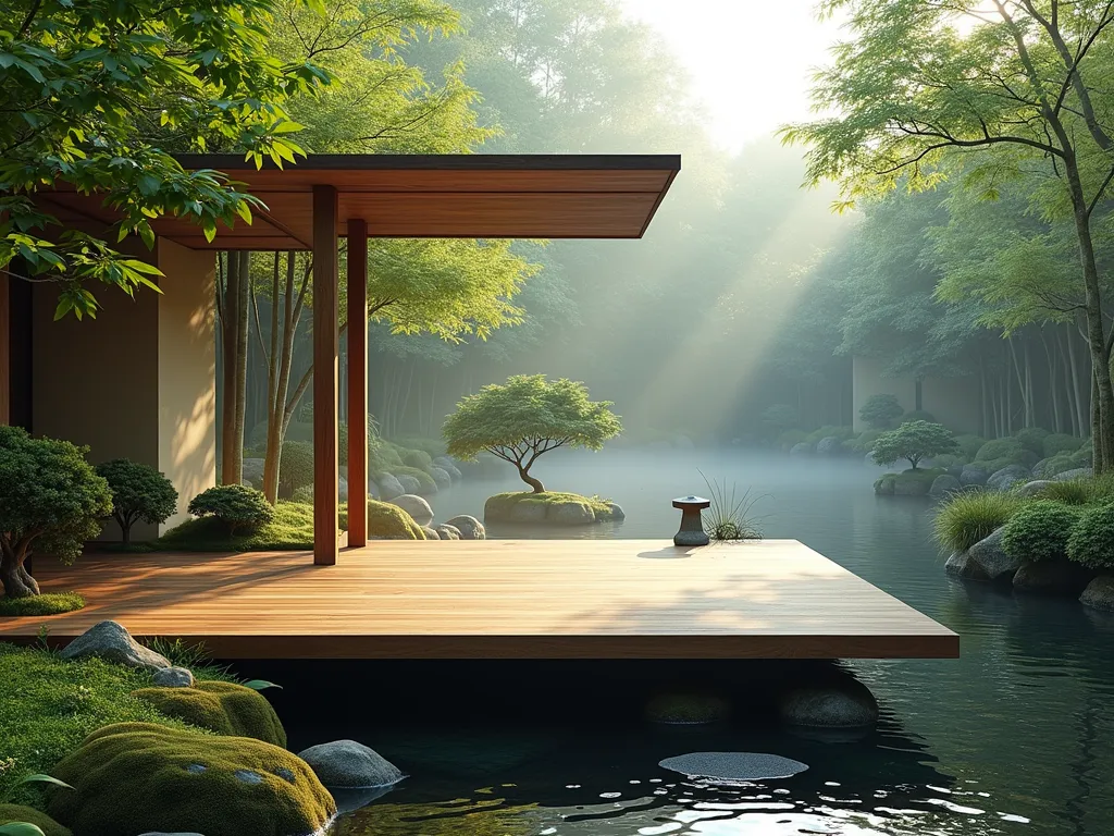 Serene Japanese Meditation Platform - A tranquil Japanese garden scene featuring an elegant wooden meditation platform with minimalist Cedar roof, surrounded by carefully pruned Japanese maples and bamboo. The raised platform is crafted from natural weathered wood planks, floating above a bed of moss and smooth river stones. Gentle morning mist adds atmosphere, while stone lanterns provide subtle accents. The platform offers a peaceful viewing perspective of a small koi pond in the distance, with wispy ornamental grasses and dwarf conifers creating layers of peaceful green texture.