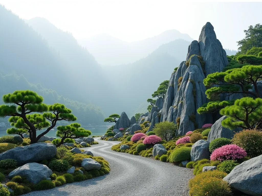 Miniature Mountain Garden Landscape - A serene Japanese garden featuring a miniature mountain landscape with carefully placed granite rocks and boulders creating elevation, surrounded by meticulously pruned dwarf Japanese cedar and juniper trees. Small azalea shrubs dot the landscape, while fine gravel paths wind through the scene. Soft morning mist hovers above, creating depth and atmosphere. The composition mimics a distant mountain vista in perfect scale, photographed in natural daylight with shallow depth of field