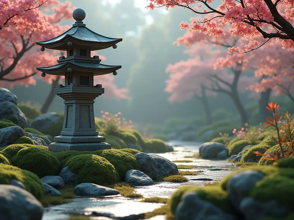 Traditional Stone Pagoda in Tranquil Garden - A serene Japanese garden scene featuring a weathered 5-tier stone pagoda lantern as the central focal point, surrounded by moss-covered rocks and carefully pruned azalea bushes. Soft morning mist creates an ethereal atmosphere, while delicate Japanese maple leaves frame the scene. Natural stone pathways wind around the pagoda, with tufts of ornamental grasses and small ferns emerging between rocks. Photorealistic, soft natural lighting, shallow depth of field, 4k detailed photography