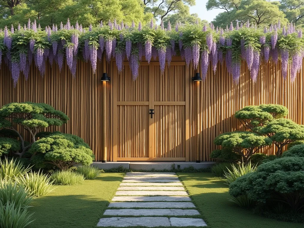 Traditional Japanese Bamboo Garden Fence - Serene Japanese garden scene featuring an elegantly woven bamboo fence in a traditional gaki pattern, with diagonal and horizontal weaving creating geometric patterns. The natural golden-brown bamboo fence is adorned with delicate purple wisteria vines cascading down. In the foreground, a moss-covered stone path leads towards the fence, while ornamental grasses and small Japanese maples provide layered greenery. Soft natural lighting casts gentle shadows through the bamboo weave, creating a peaceful, zen-like atmosphere. Photorealistic, high detail, architectural photography style.