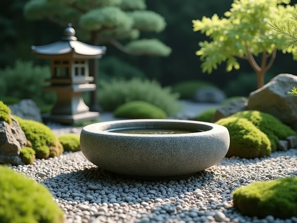 Traditional Stone Water Basin in Zen Garden - A serene Japanese garden scene featuring a weathered granite chozubachi (stone water basin) as the focal point, surrounded by carefully arranged natural rocks and lush green moss patches. The basin sits on a bed of small pebbles, with soft morning light casting gentle shadows. Natural stone lantern in the background, partially obscured by a dwarf maple. Photorealistic, high detail, peaceful atmosphere, soft natural lighting, 8k quality