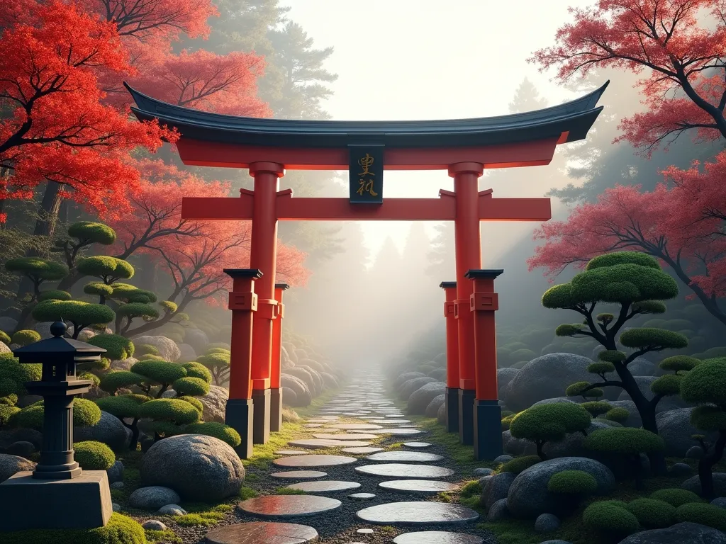 Traditional Red Torii Gate Garden Entrance - Photorealistic wide shot of a majestic vermillion red torii gate standing at the entrance of a serene Japanese garden, surrounded by meticulously pruned Japanese maples and dwarf pines. Early morning mist creates a mystical atmosphere, with soft natural lighting filtering through the trees. Stone lanterns flank the pathway leading through the gate, with moss-covered stones creating a natural walkway. The composition shows depth with the garden path disappearing into a peaceful landscape beyond the gate. High-end photography, 4K, dramatic lighting, architectural precision