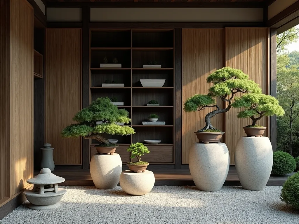 Tranquil Bonsai Garden Display - Elegant Japanese garden scene with carefully arranged bonsai trees displayed on natural stone pedestals of varying heights. Dark wooden shelving unit with a weathered patina against a backdrop of tall bamboo screens. Soft afternoon lighting casting gentle shadows. Small maple bonsai and pine bonsai specimens meticulously pruned. Stone lantern nearby. Zen-inspired minimalist aesthetic with crushed gravel beneath. Photorealistic, architectural photography style, peaceful atmosphere.