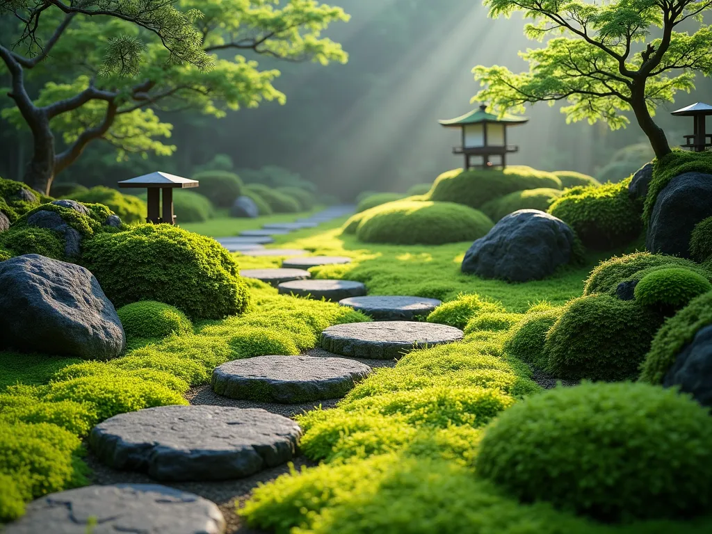 Tranquil Japanese Moss Garden Path - A serene Japanese moss garden photographed in soft, diffused light. Multiple species of lush, emerald-green moss carpet the ground, creating a velvety tapestry of varying textures and subtle color variations. Natural granite stepping stones form a meandering path through the garden. Small Japanese maples and dwarf azaleas add height and depth, their forms casting gentle shadows on the moss below. Dark stones and weathered lanterns peek through the moss, creating focal points. The scene is captured with morning mist, adding an ethereal quality, photorealistic style, 8k resolution